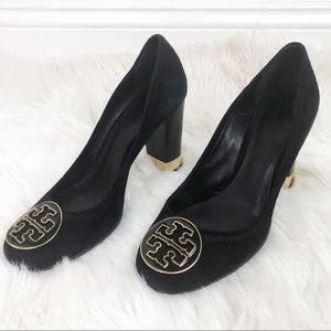 Tory Burch Suede Block Heels Black and Gold 7.5